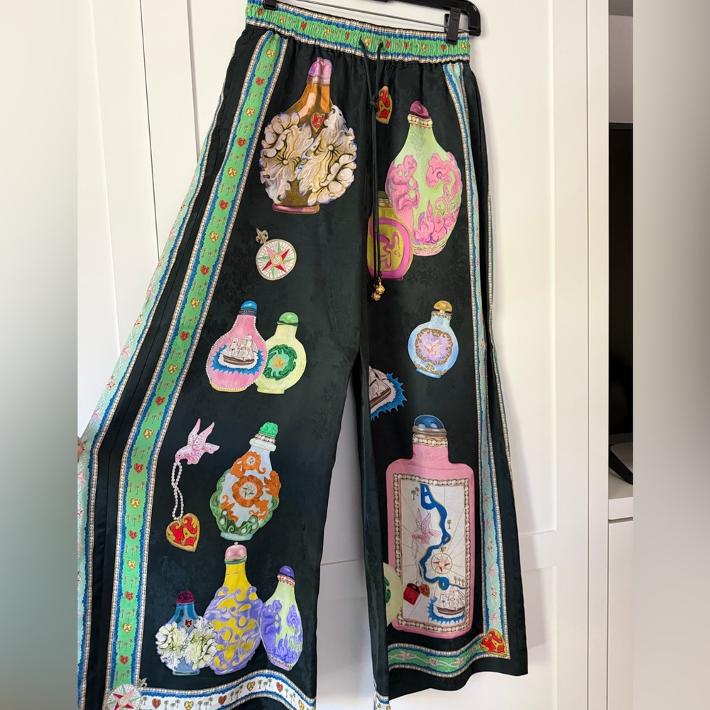 Alemais Black Wide Leg Pants with Colorful Bottle Print